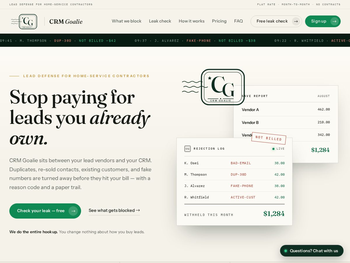 Landing-page snapshot of crmgoalie.com