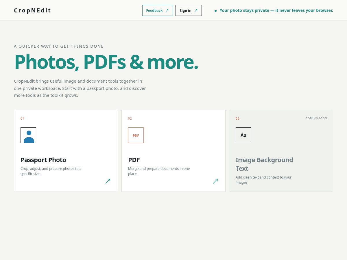 Landing-page snapshot of cropnedit.com