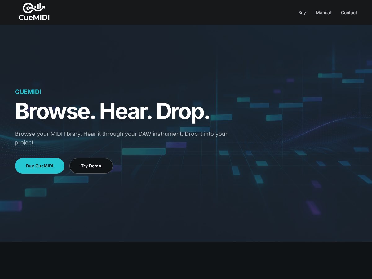 Landing-page snapshot of cuemidi.com