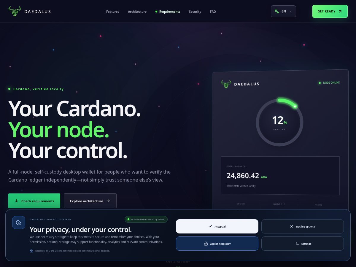 Landing-page snapshot of daedaluswallet.net