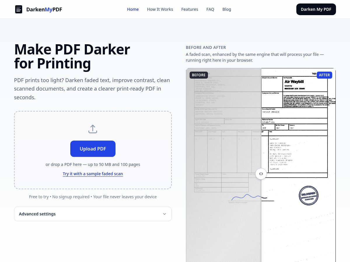 Landing-page snapshot of darkenmypdf.com