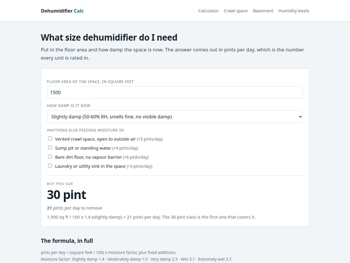 Landing-page snapshot of dehumidifiercalc.com