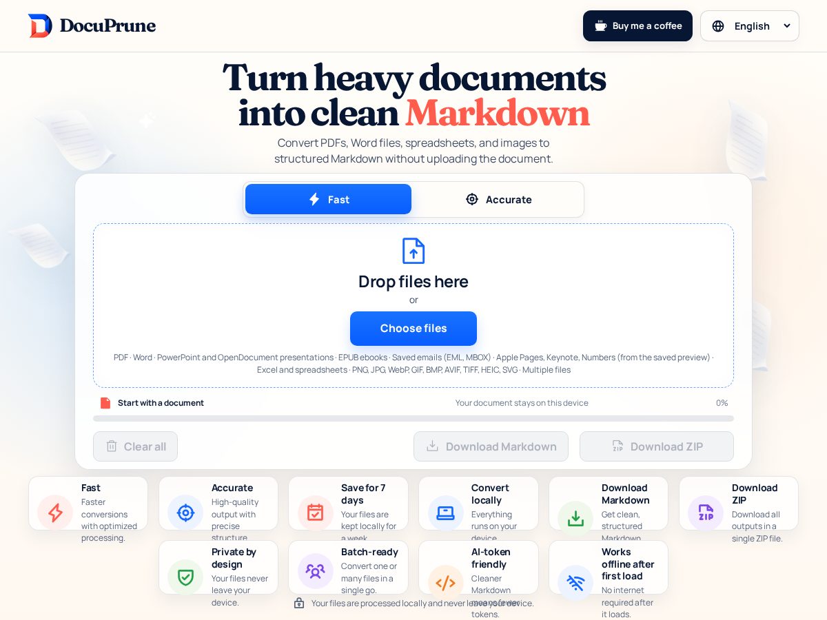 Landing-page snapshot of docuprune.com