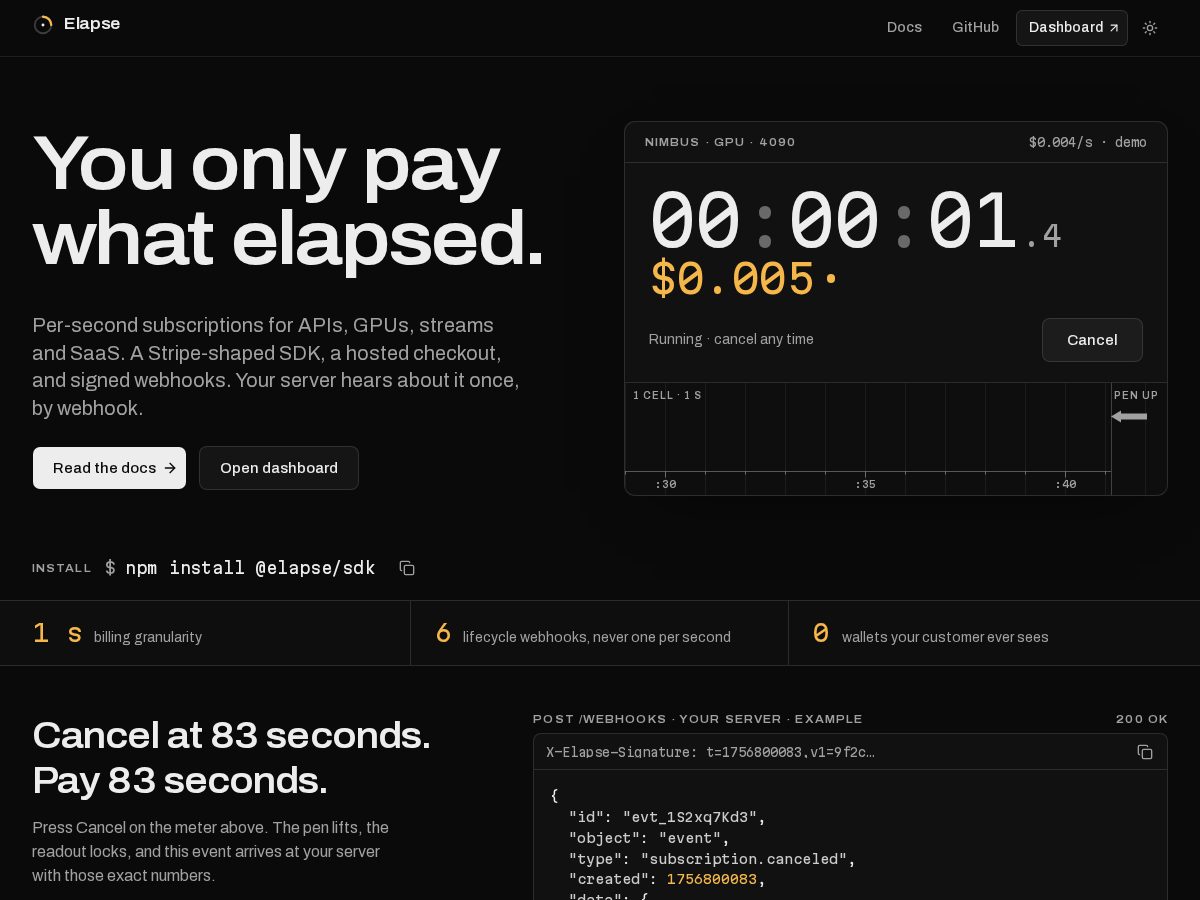 Landing-page snapshot of elapse.finance