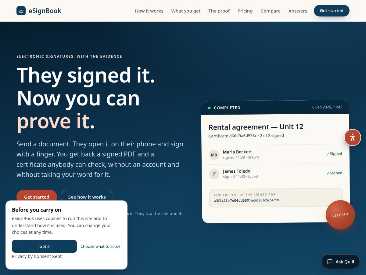 Landing-page snapshot of esignbook.com