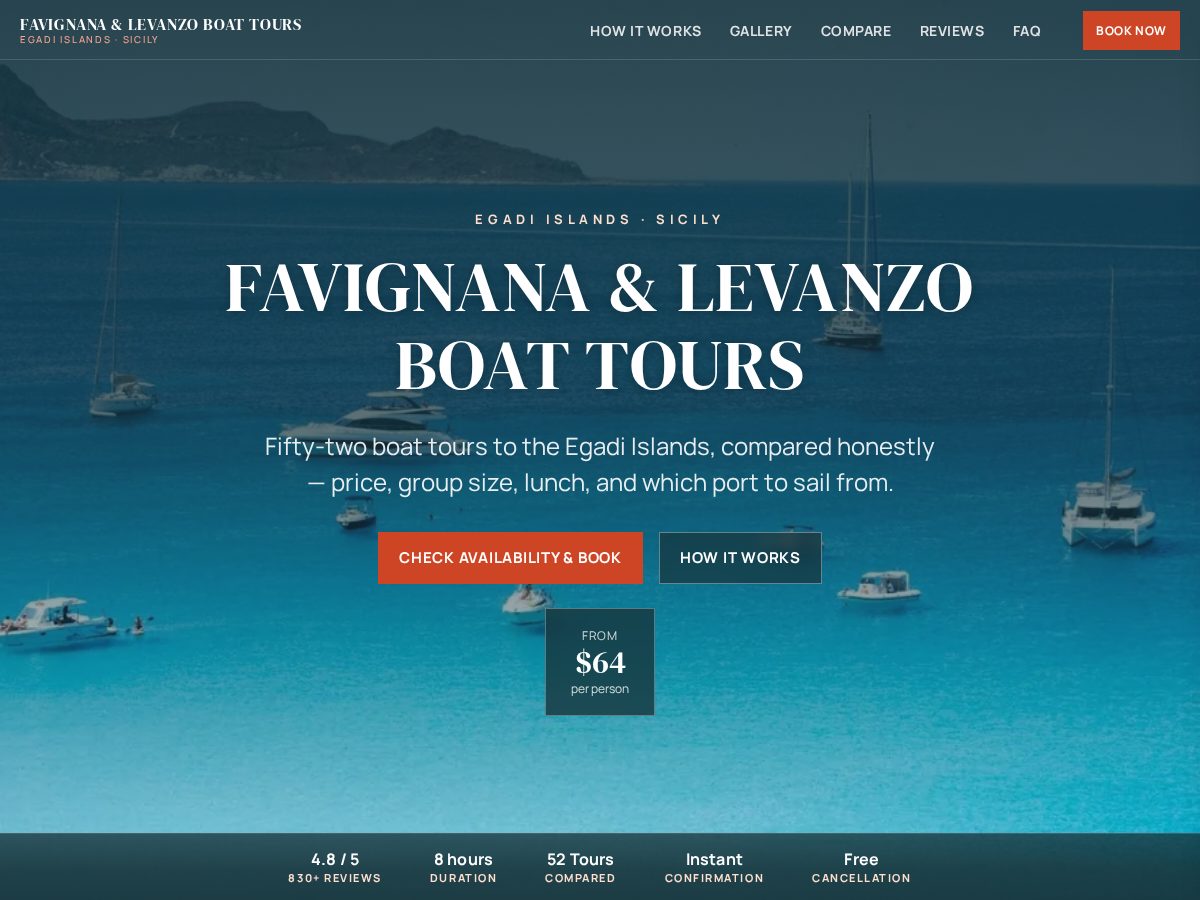 Landing-page snapshot of favignanaandlevanzoboattours.com