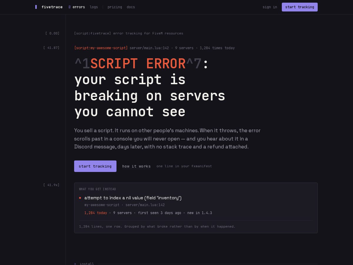 Landing-page snapshot of fivetrace.com