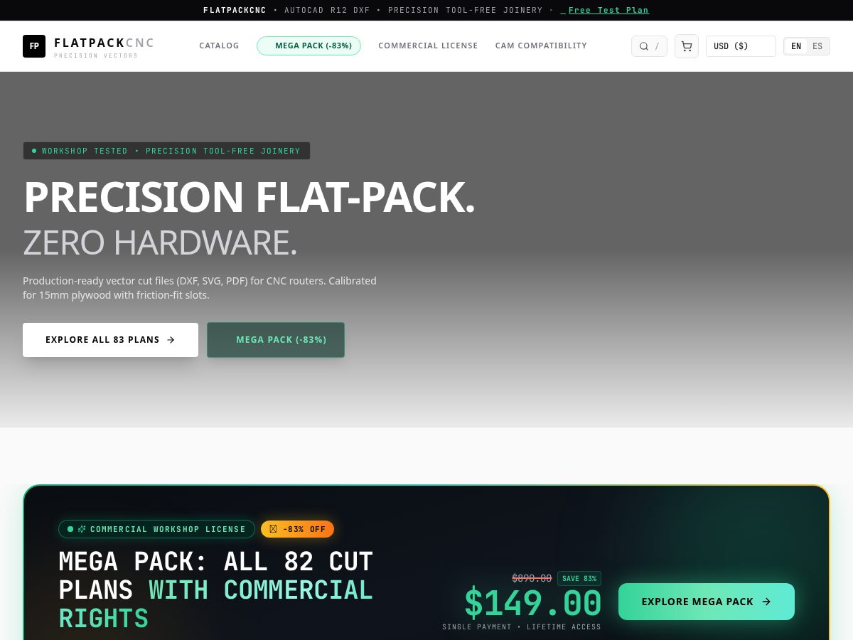 Landing-page snapshot of flatpackcnc.com