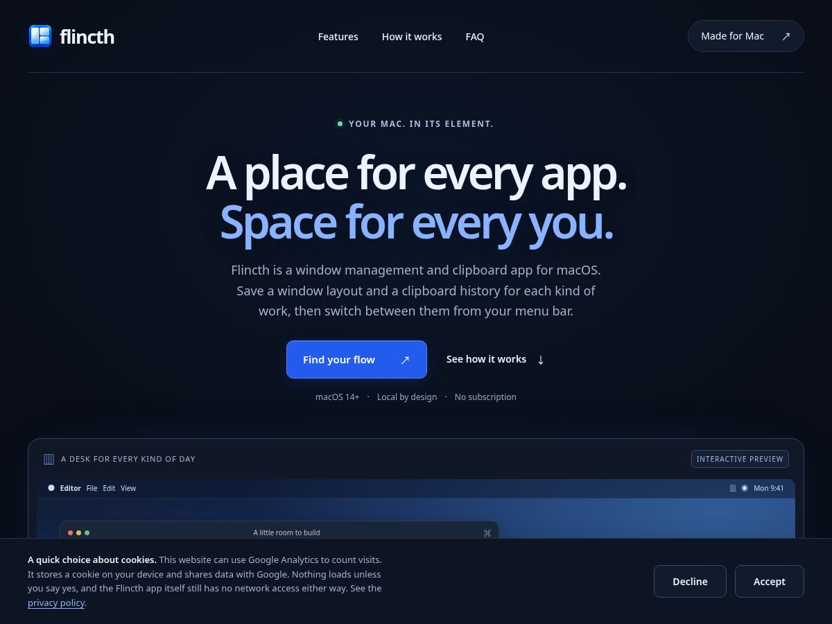 Landing-page snapshot of flincth.com