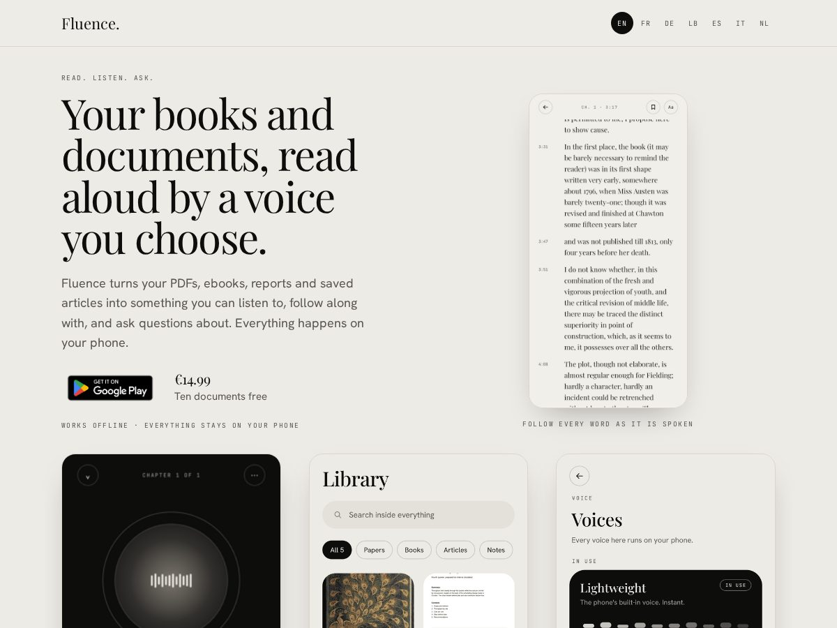 Landing-page snapshot of fluencereader.com