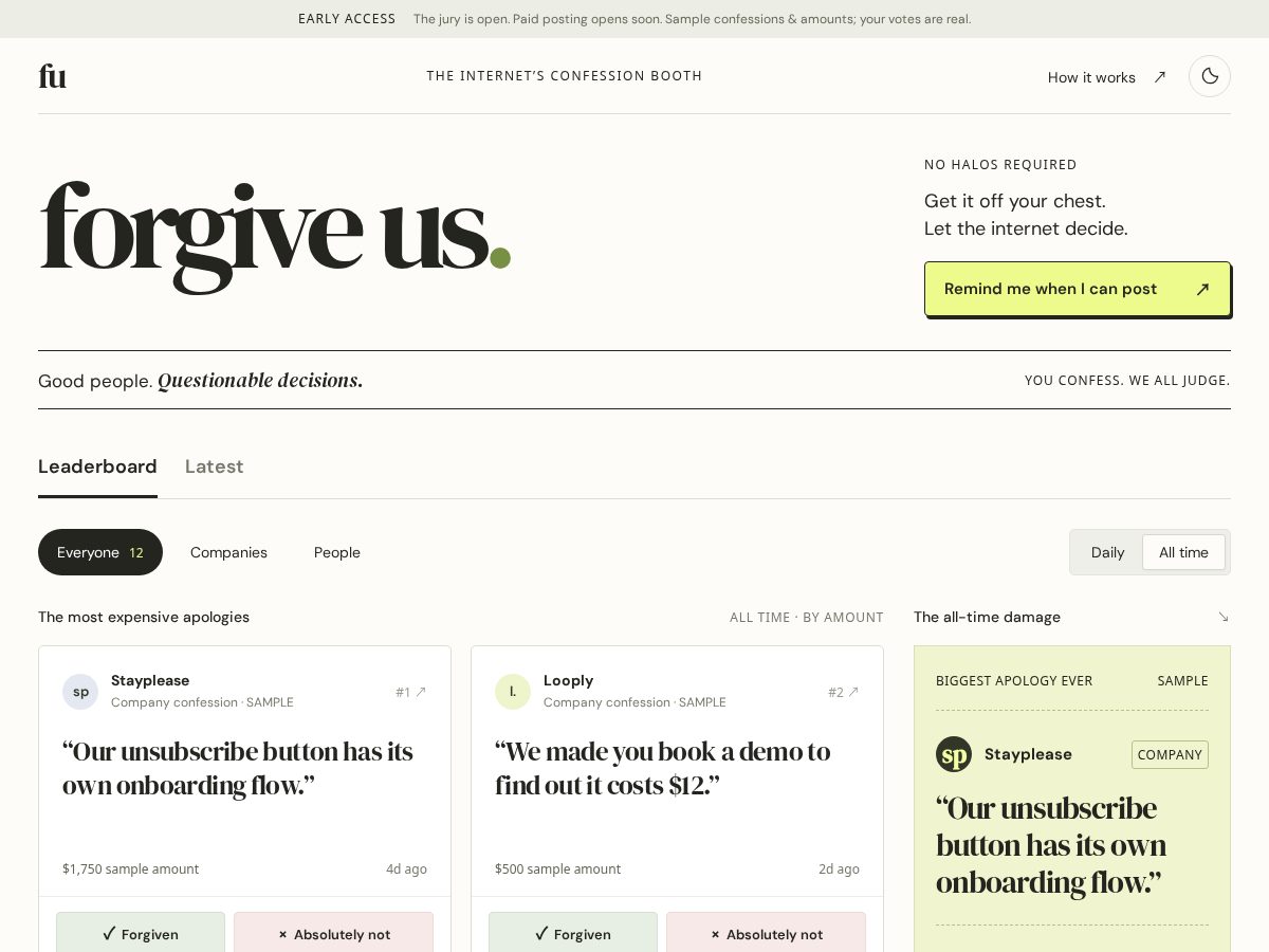 Landing-page snapshot of forgiveus.lol