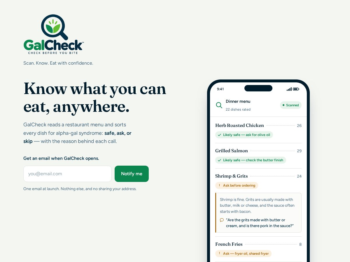 Landing-page snapshot of galcheck.com
