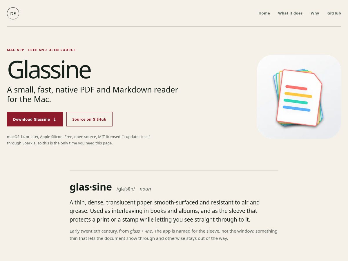 Landing-page snapshot of glassineapp.com