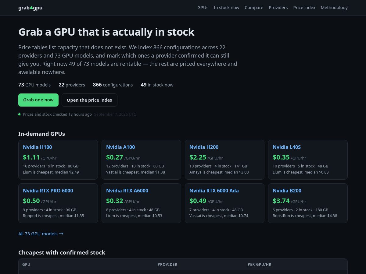 Landing-page snapshot of grabgpu.com