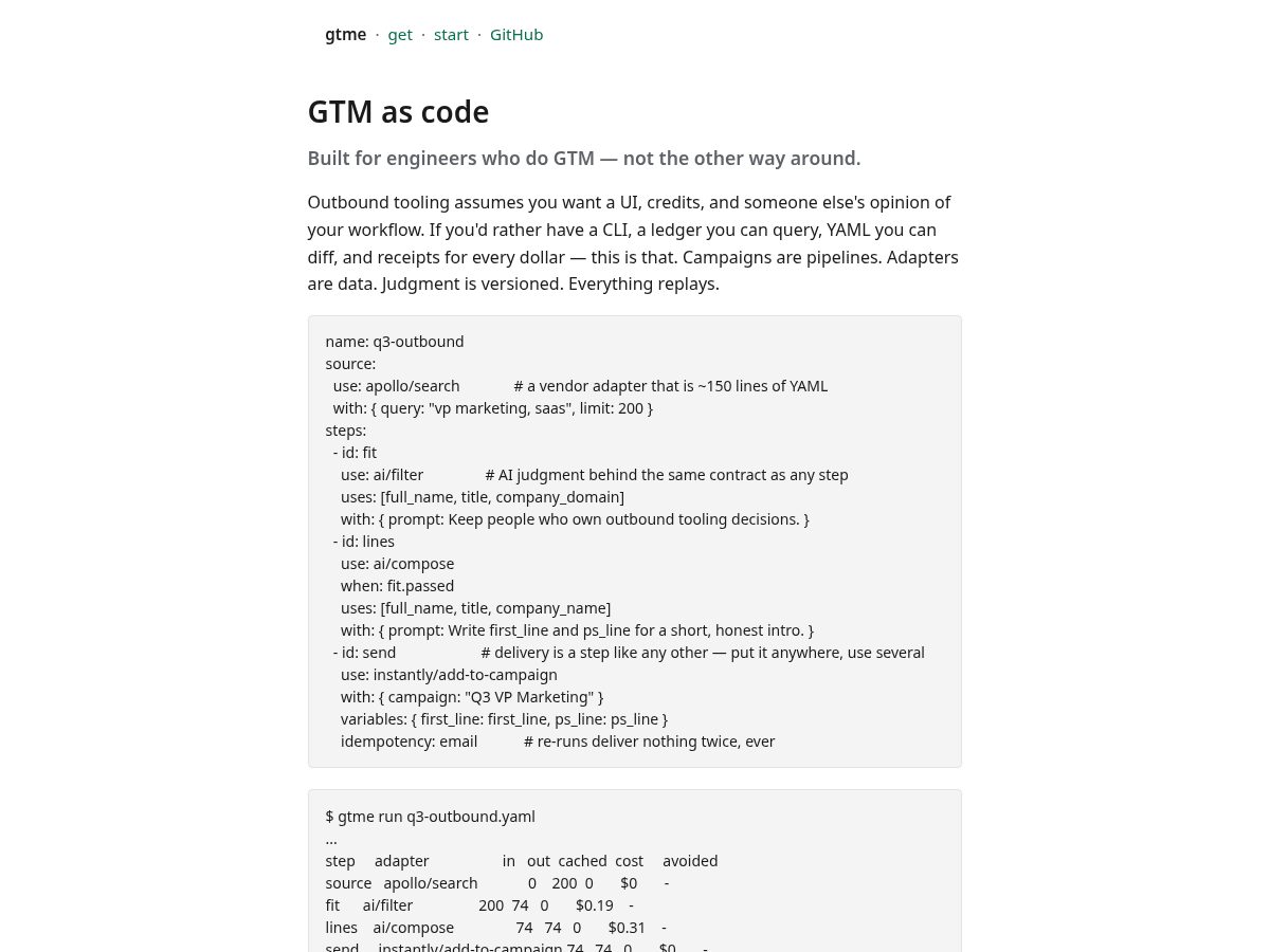 Landing-page snapshot of gtme.run