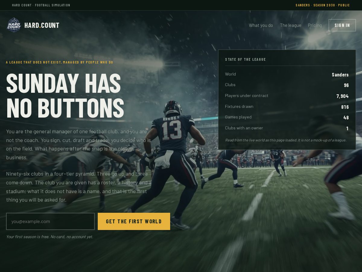 Landing-page snapshot of hardcount.football