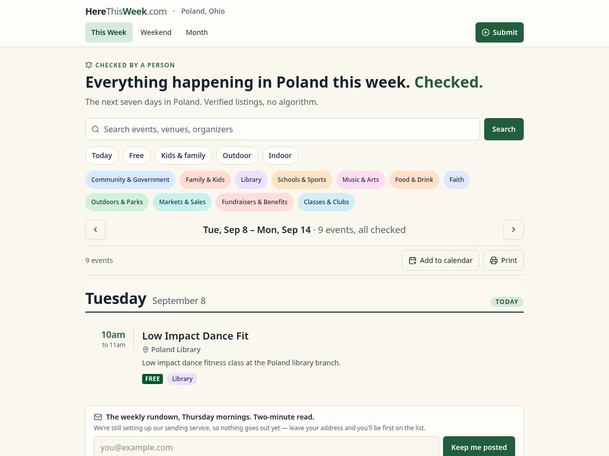 Landing-page snapshot of herethisweek.com