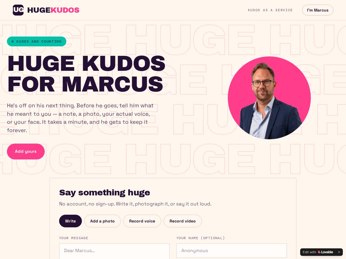 Landing-page snapshot of hugekudos.com