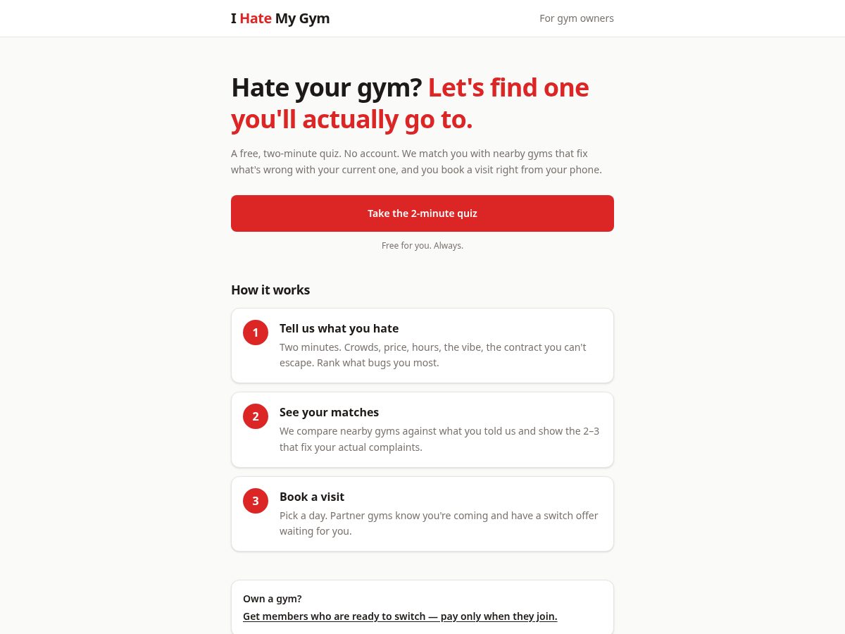 Landing-page snapshot of ihatemygym.com