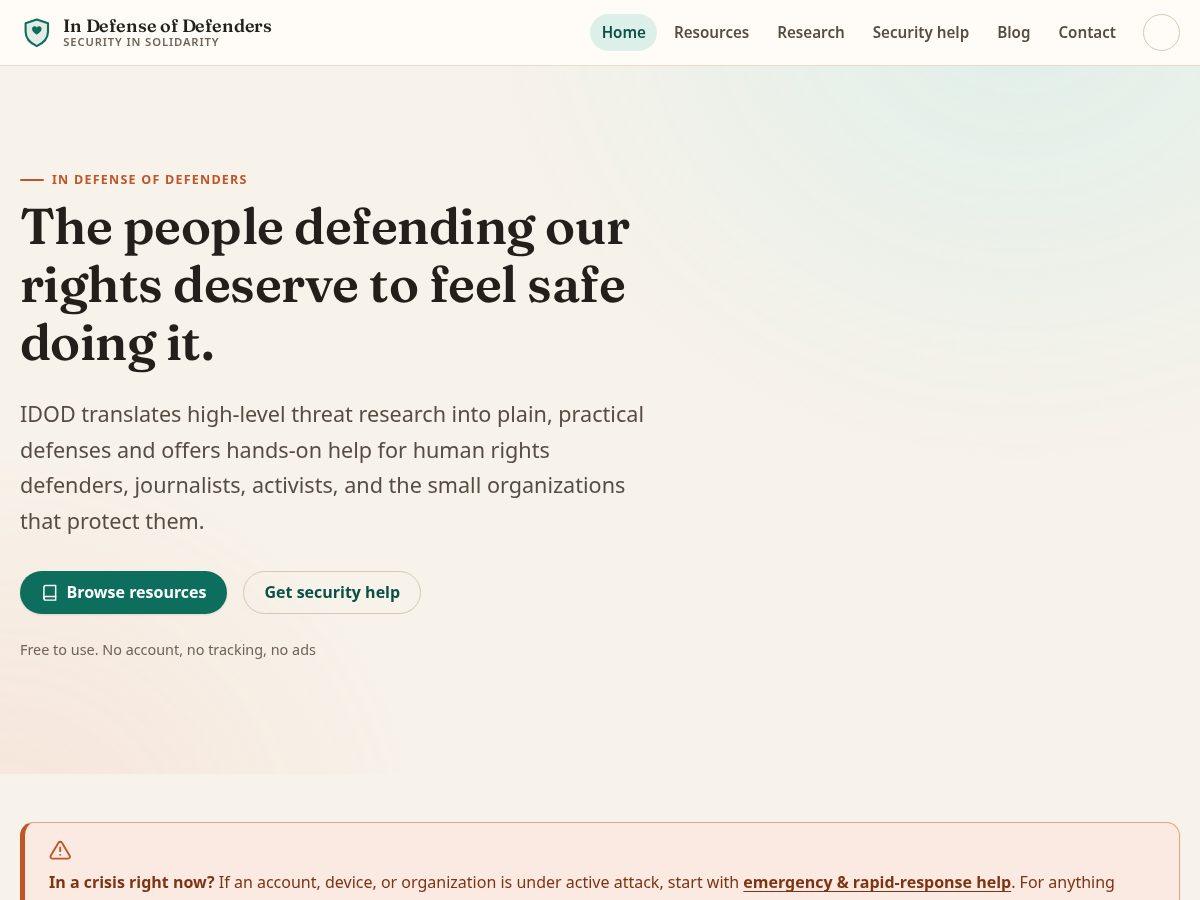 Landing-page snapshot of indefenseofdefenders.org