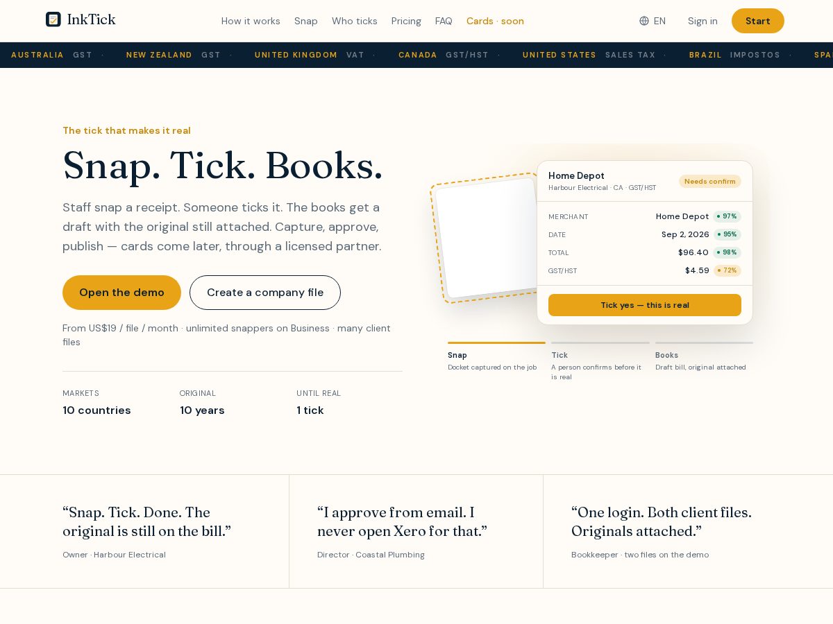Landing-page snapshot of inktick.com