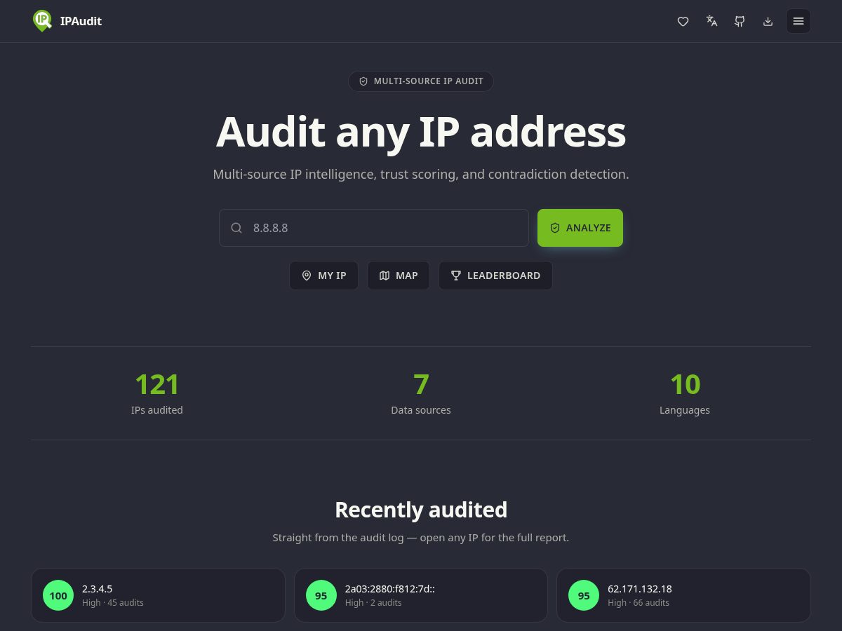 Landing-page snapshot of ipaudit.dev