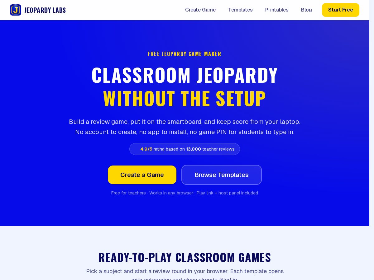 Landing-page snapshot of jeopardylabs.net