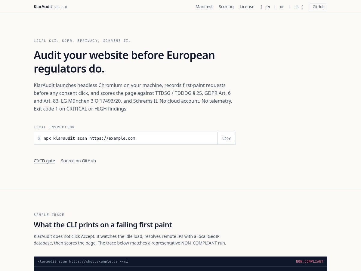 Landing-page snapshot of klaraudit.com