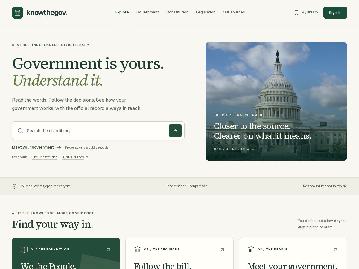 Landing-page snapshot of knowthegov.com