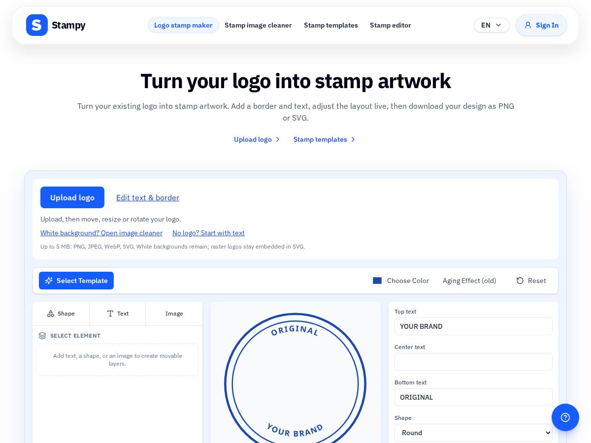 Landing-page snapshot of logotostamp.com