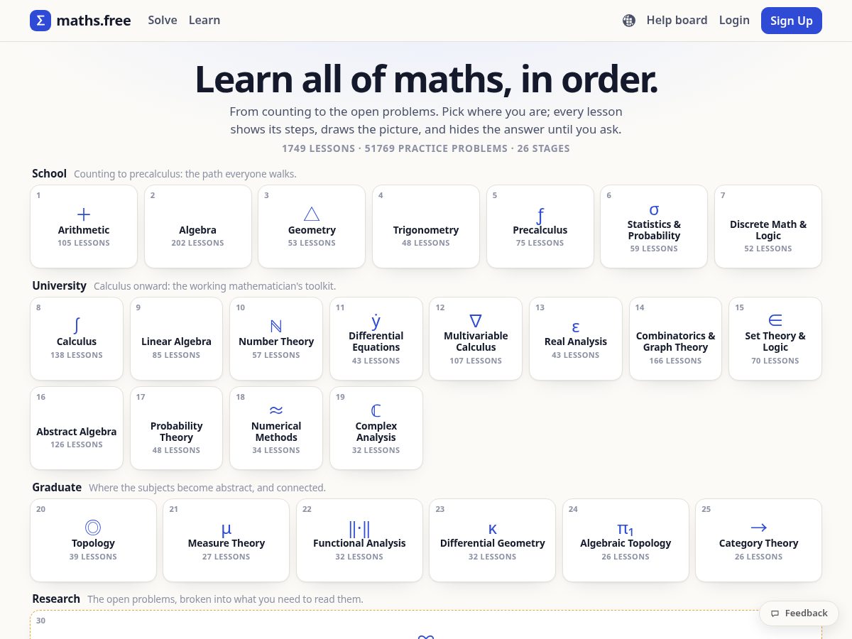 Landing-page snapshot of maths.free