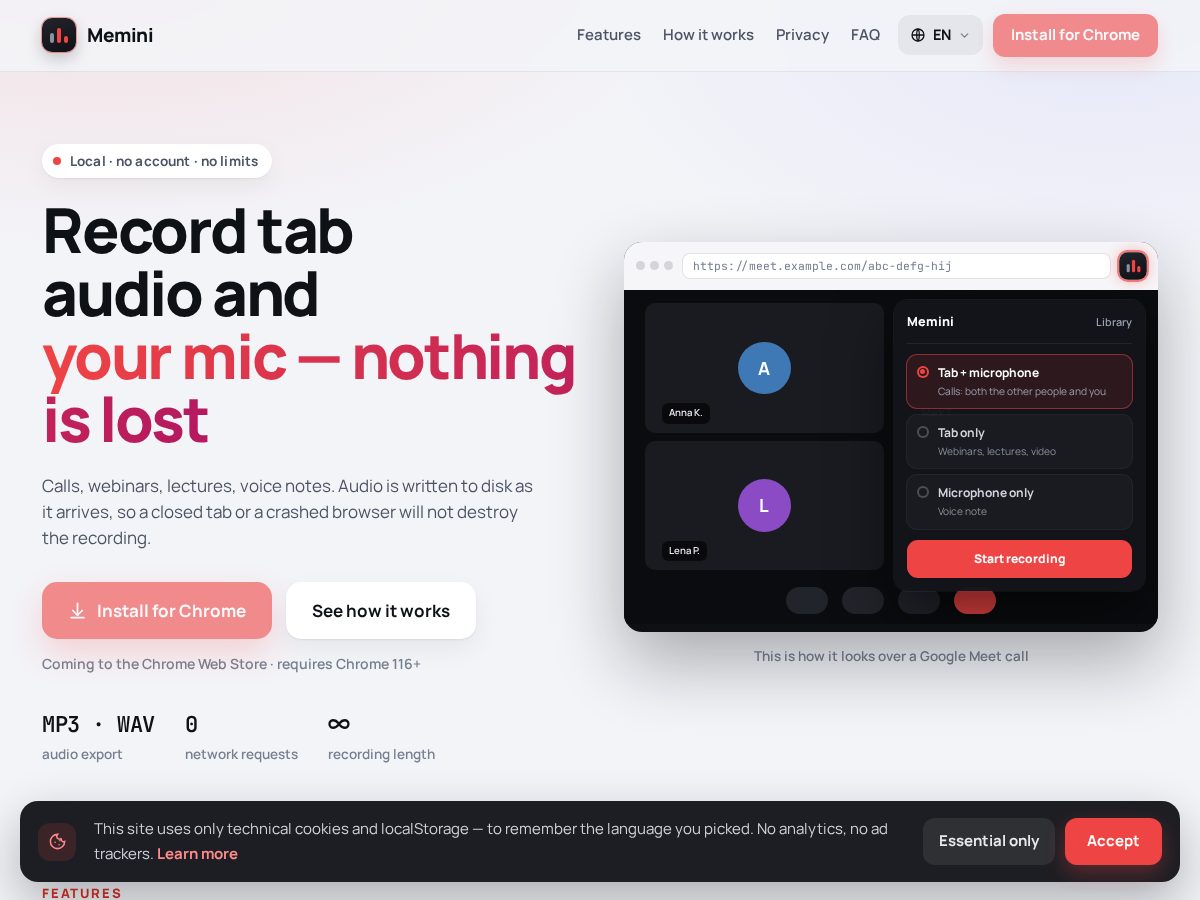 Landing-page snapshot of memini.plus