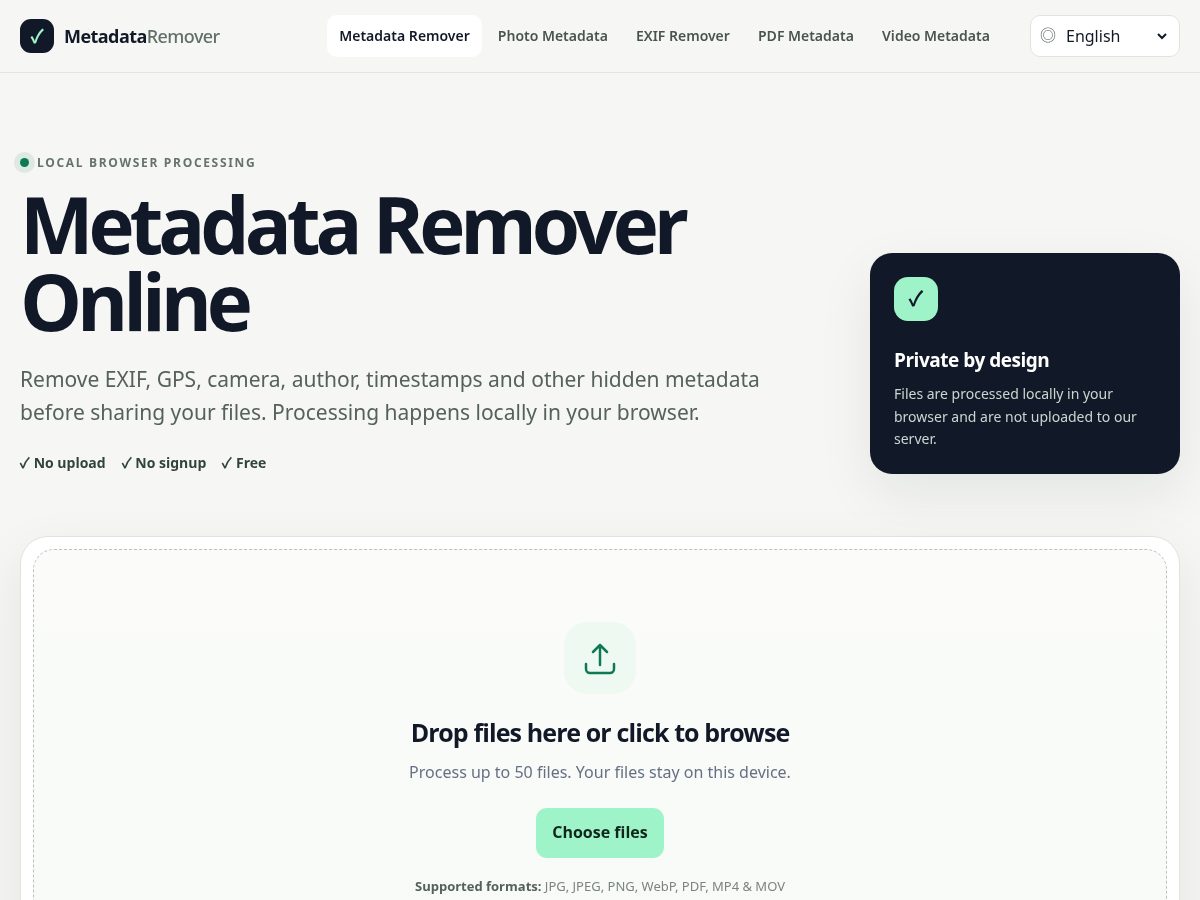 Landing-page snapshot of metadataremoveronline.com