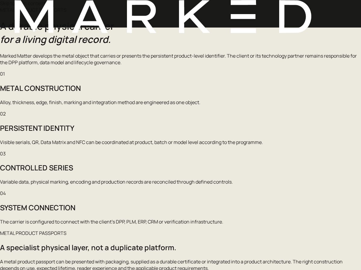 Landing-page snapshot of metalproductpassports.com