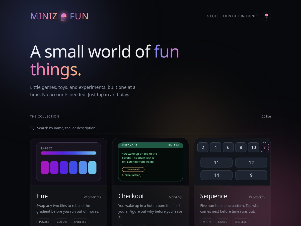 Landing-page snapshot of miniz.fun