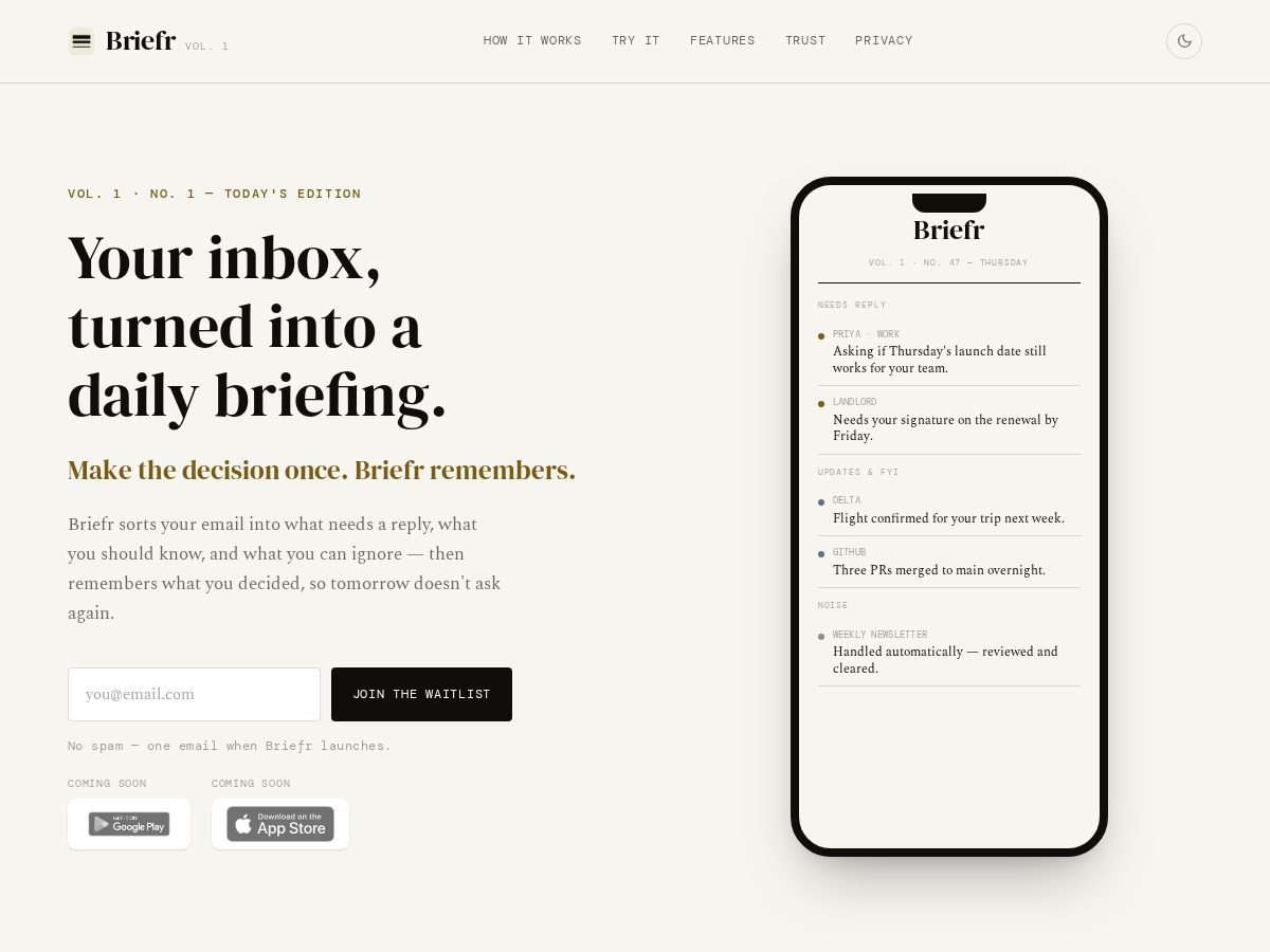Landing-page snapshot of mybriefr.com