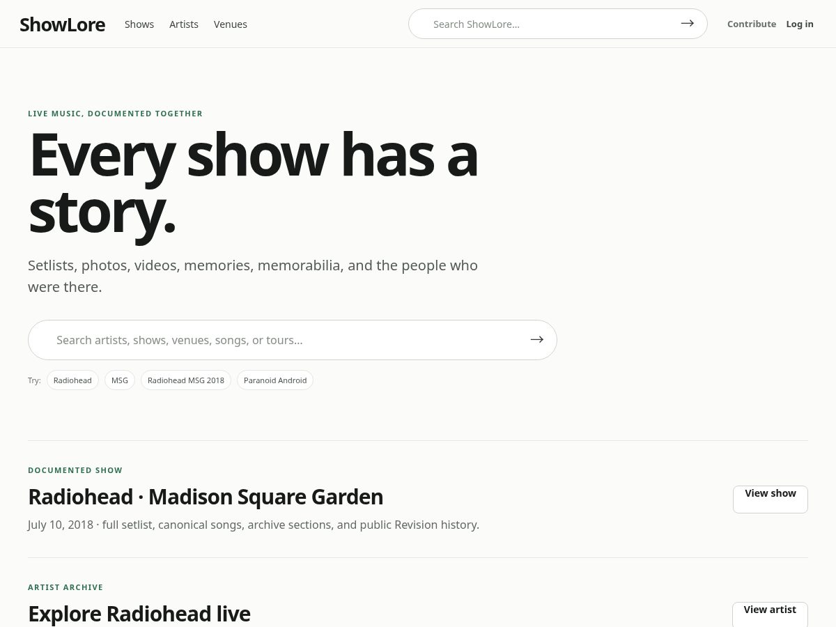 Landing-page snapshot of myshowlore.com