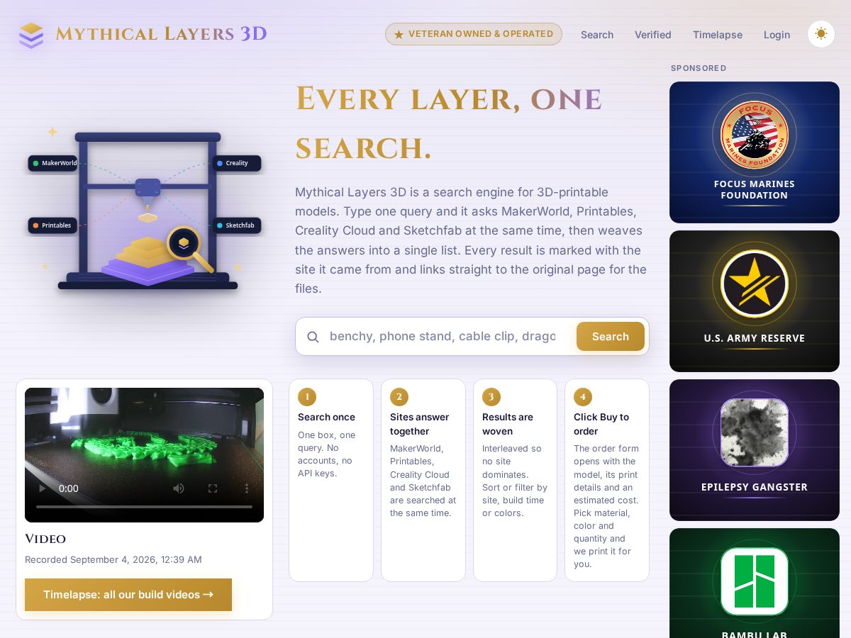 Landing-page snapshot of mythicallayers3d.com