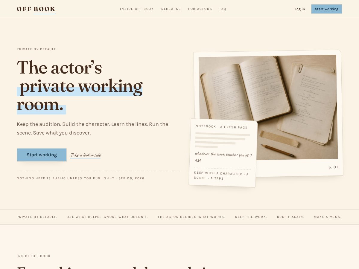 Landing-page snapshot of offbook.space