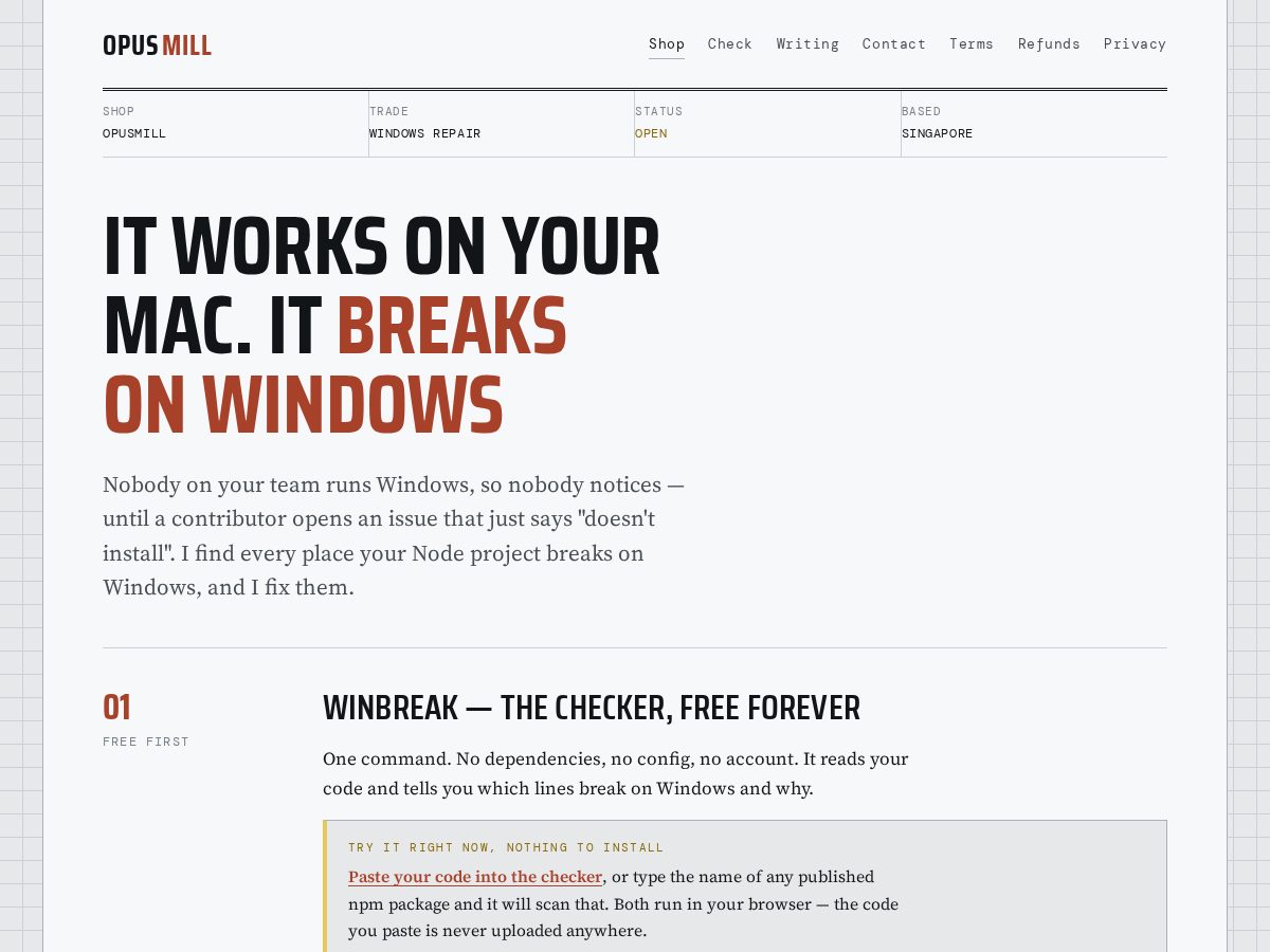 Landing-page snapshot of opusmill.com