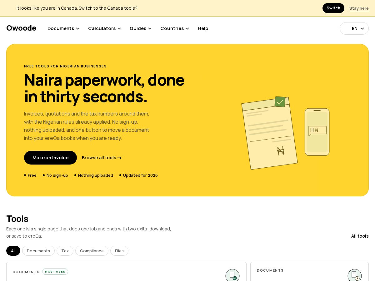 Landing-page snapshot of owoode.com