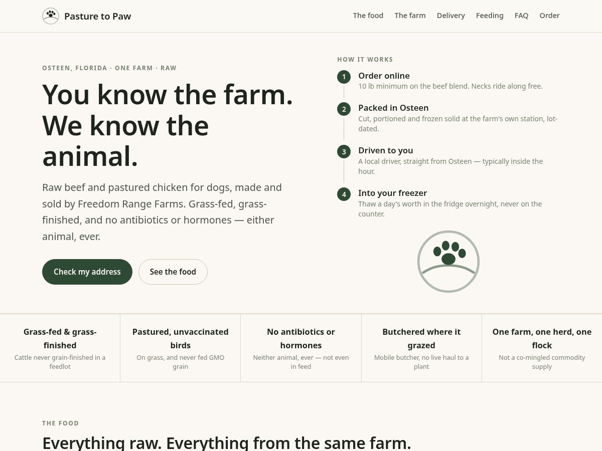 Landing-page snapshot of pasturetopaw.com