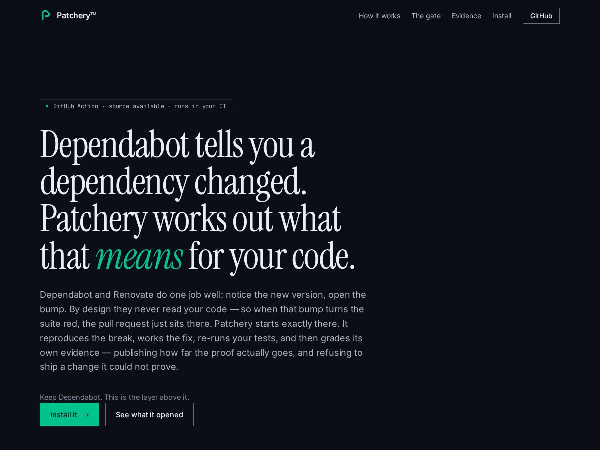 Landing-page snapshot of patchery.dev