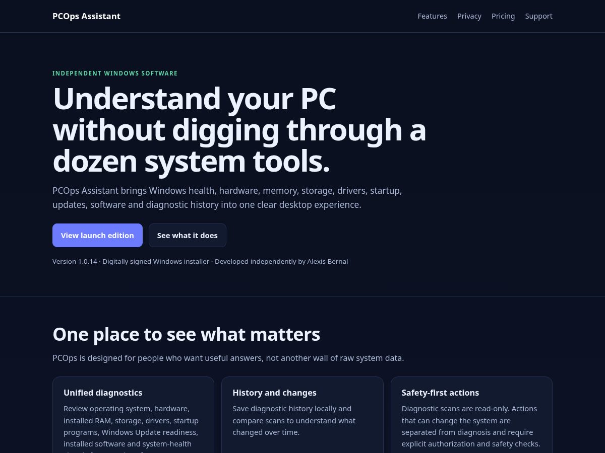Landing-page snapshot of pcopsassistant.com