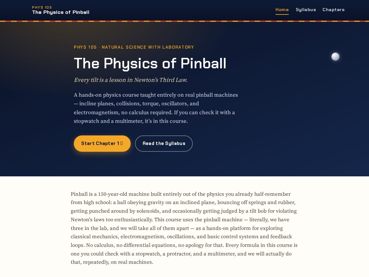 Landing-page snapshot of physicsofpinball.com