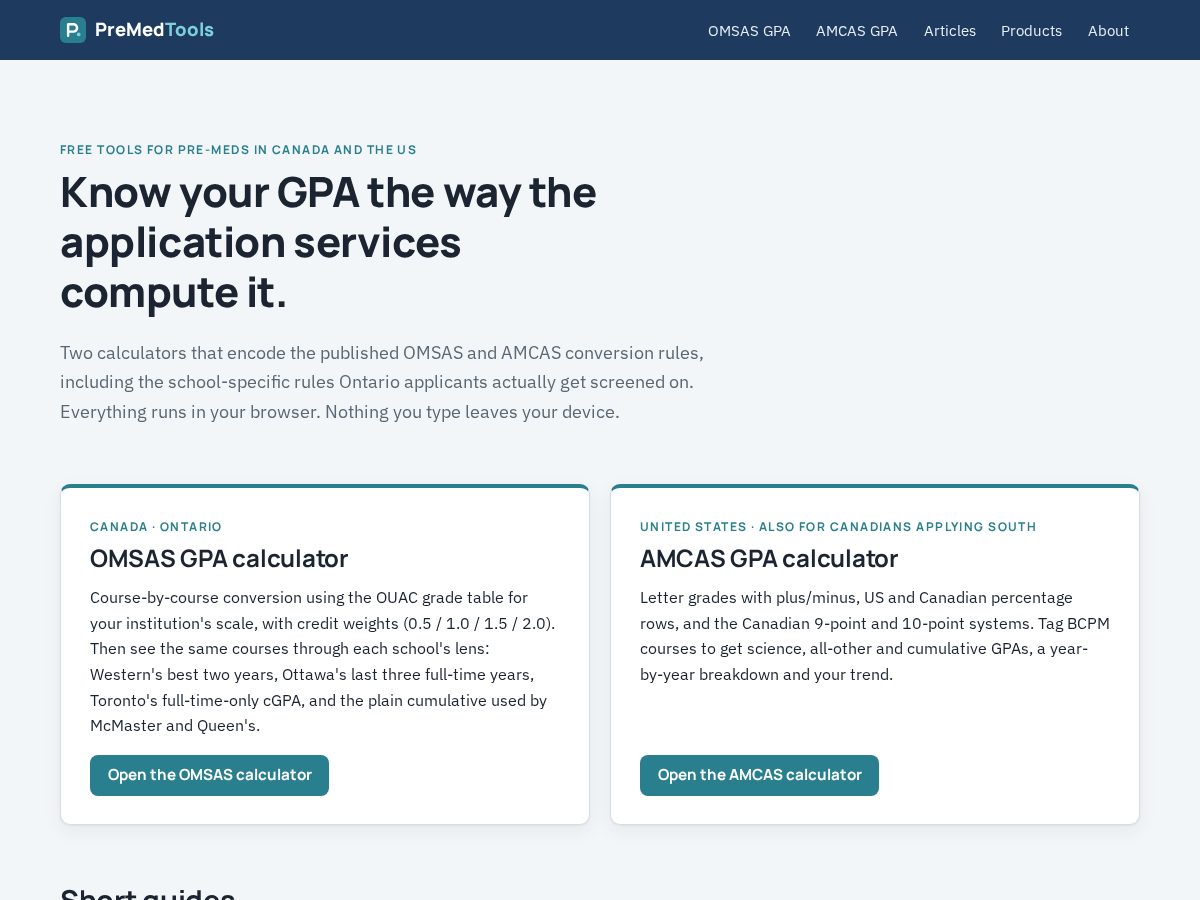 Landing-page snapshot of premedtools.com