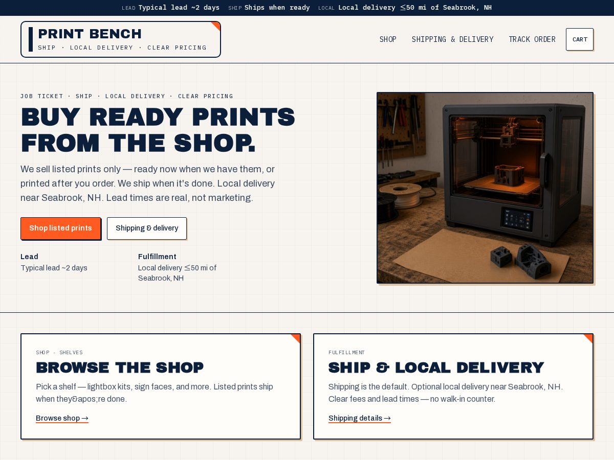 Landing-page snapshot of printbench.shop