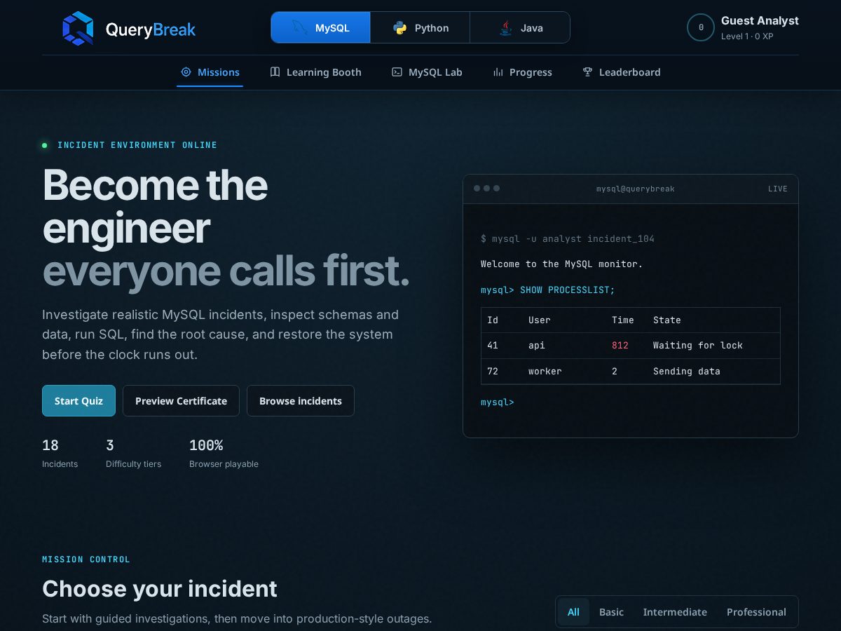Landing-page snapshot of querybreak.com