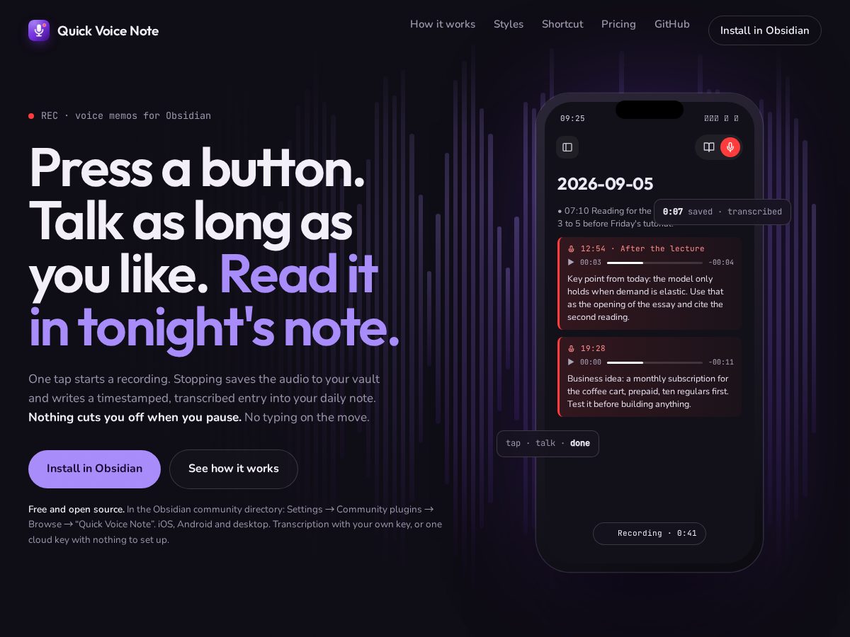 Landing-page snapshot of quickvoicenote.com