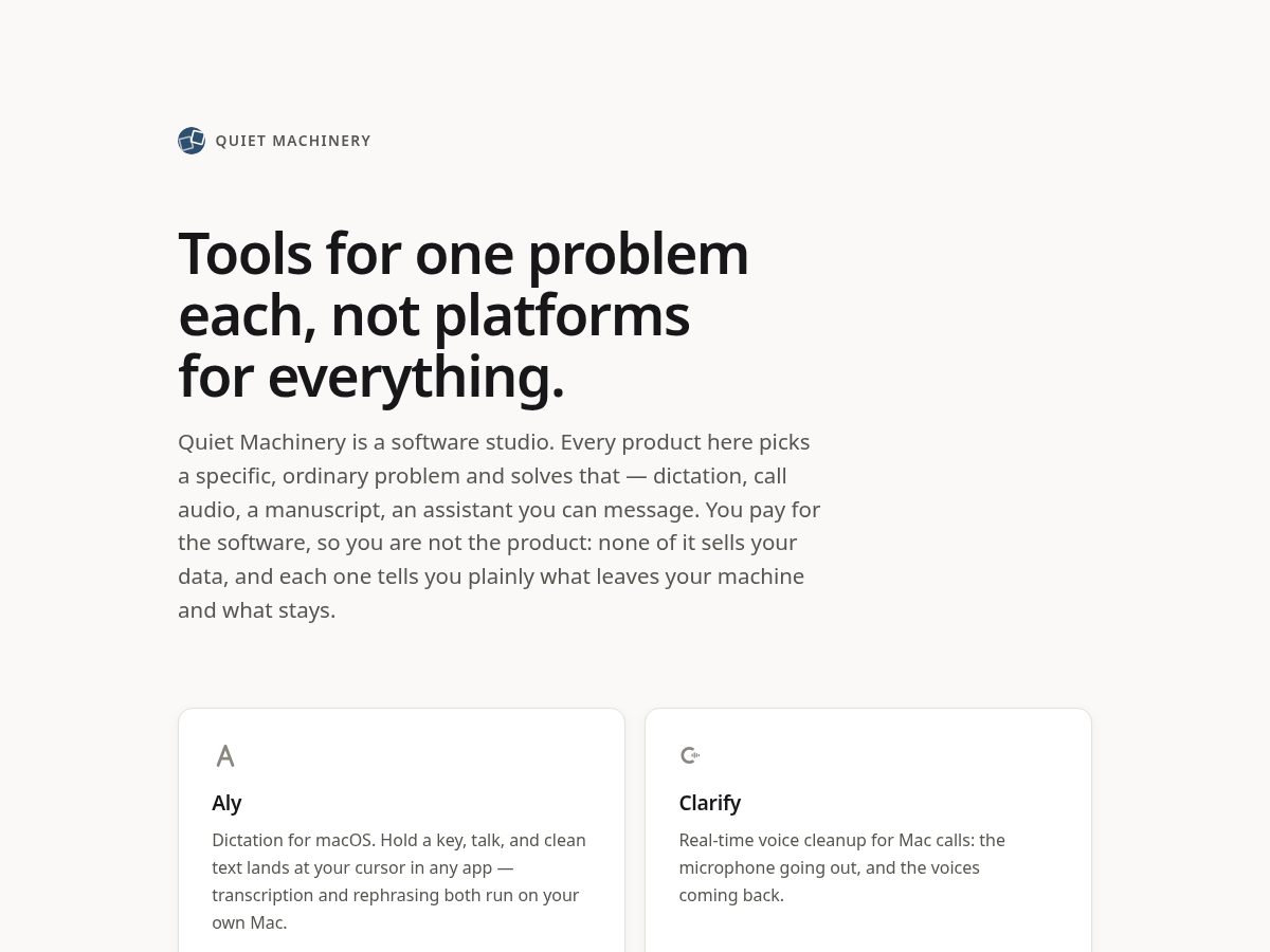 Landing-page snapshot of quietmachinery.com